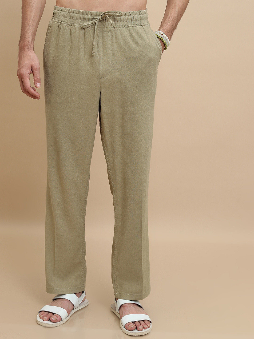 

HIGHLANDER Men Olive Green Mid-Rise Regular Fit Cotton Linen Trousers