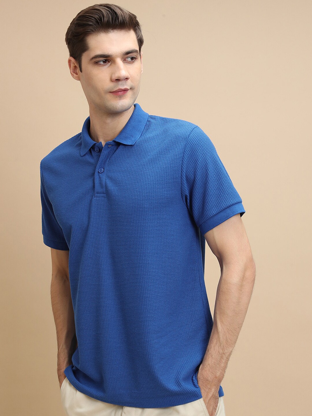 

HIGHLANDER Self Design Polo Collar Relaxed Fit Popcorn Structured T-shirt, Blue