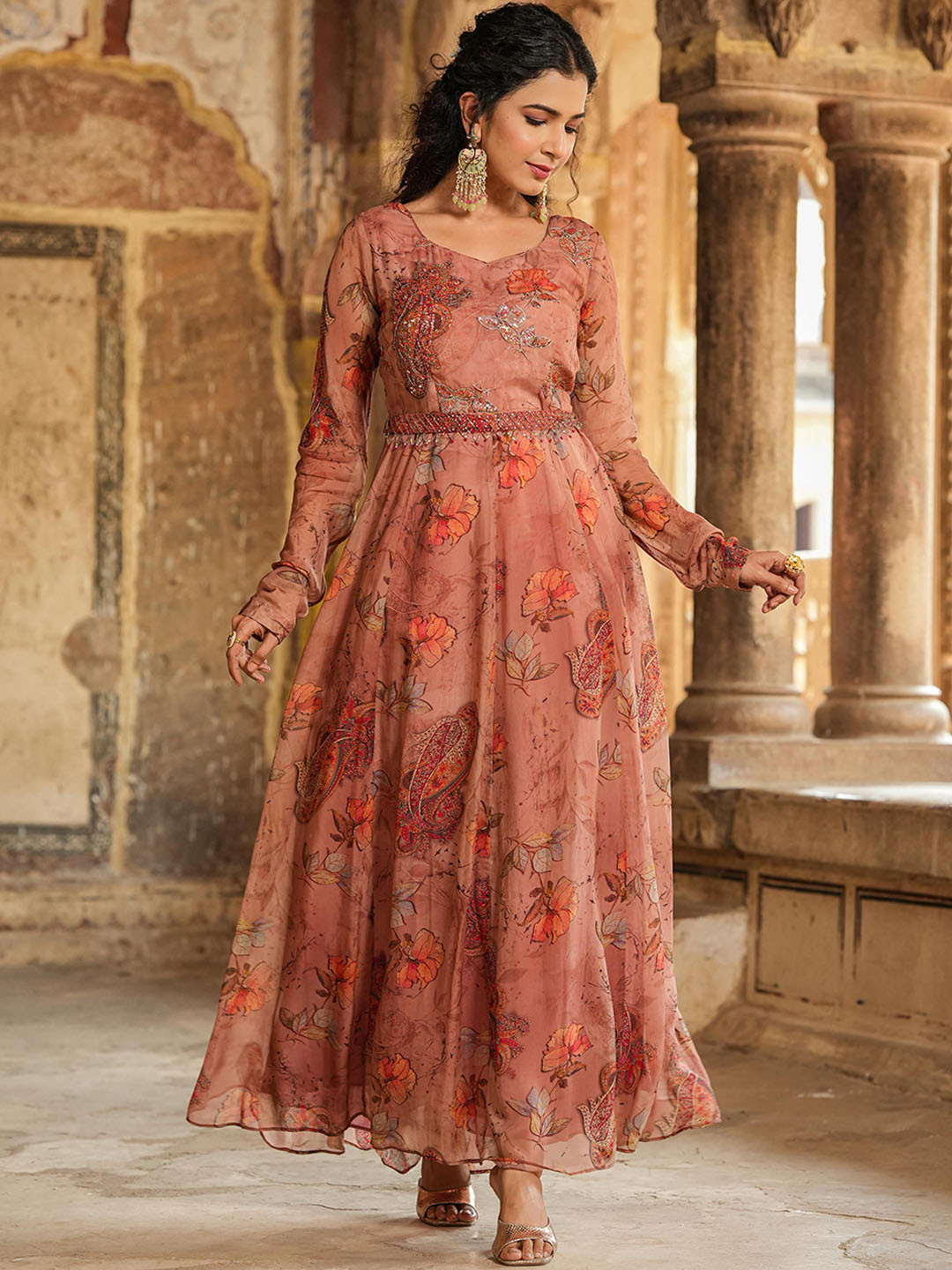 

SCAKHI Floral Printed Sequined Silk A Line Ethnic Dress With Belt, Brown