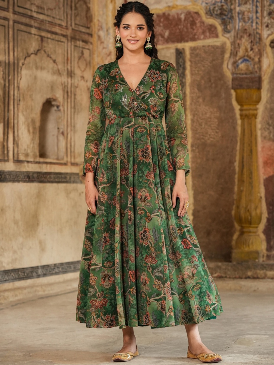 

SCAKHI Floral Printed Sequined Silk A Line Ethnic Dress, Green