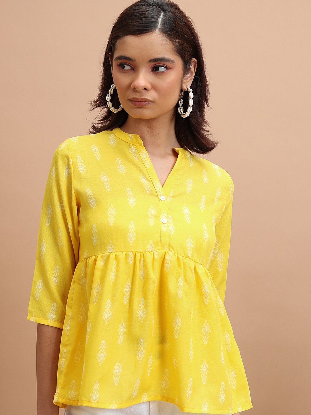 

KETCH Ethnic Motif Printed Mandarin Collar Gathered A-Line Top, Yellow