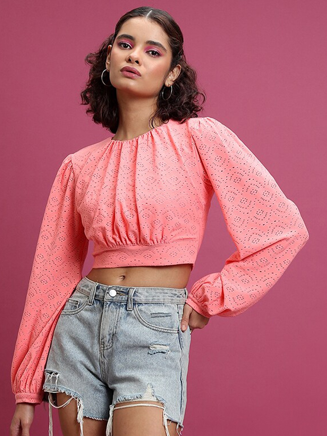 KETCH Self Designed Round Neck Bishop Sleeves Blouson Crop Top, Pink