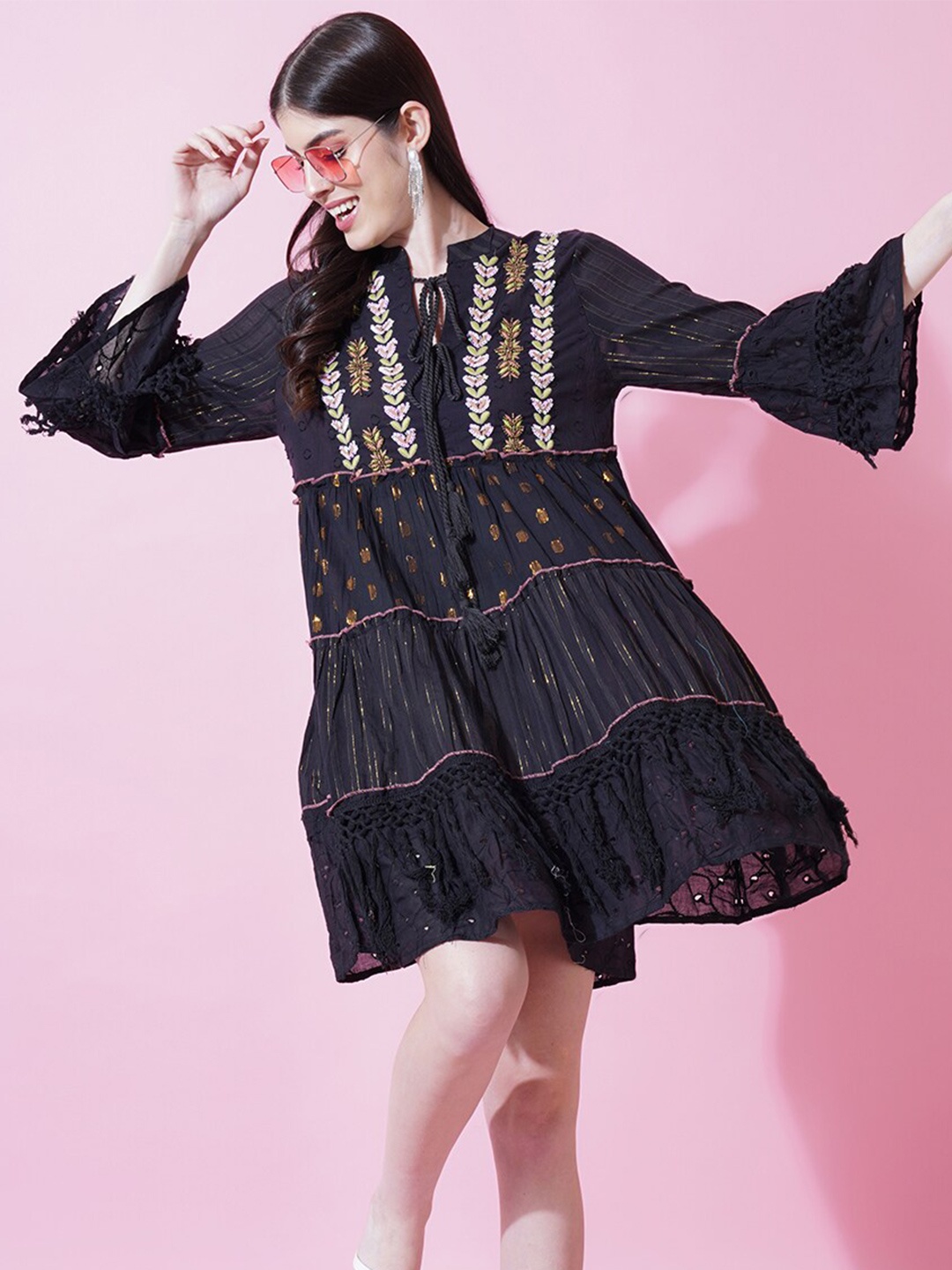 

IX IMPRESSION Floral Embroidered Bell Sleeve A-Line Dress, Black