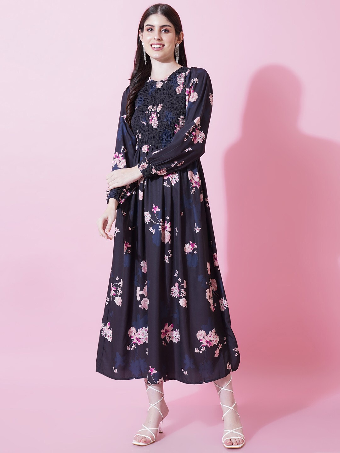 

IX IMPRESSION Floral Printed Cuffed Sleeves Smocked A-Line Midi Dress, Navy blue