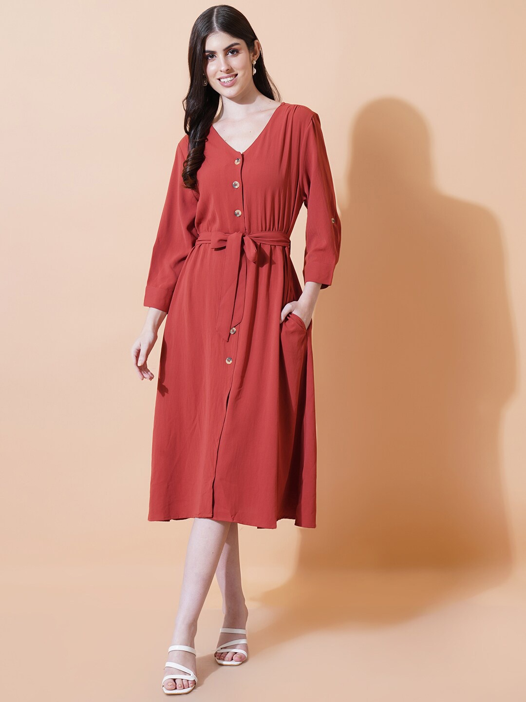 

IX IMPRESSION V-Neck Roll-Up Sleeves A-Line Midi Dress, Red