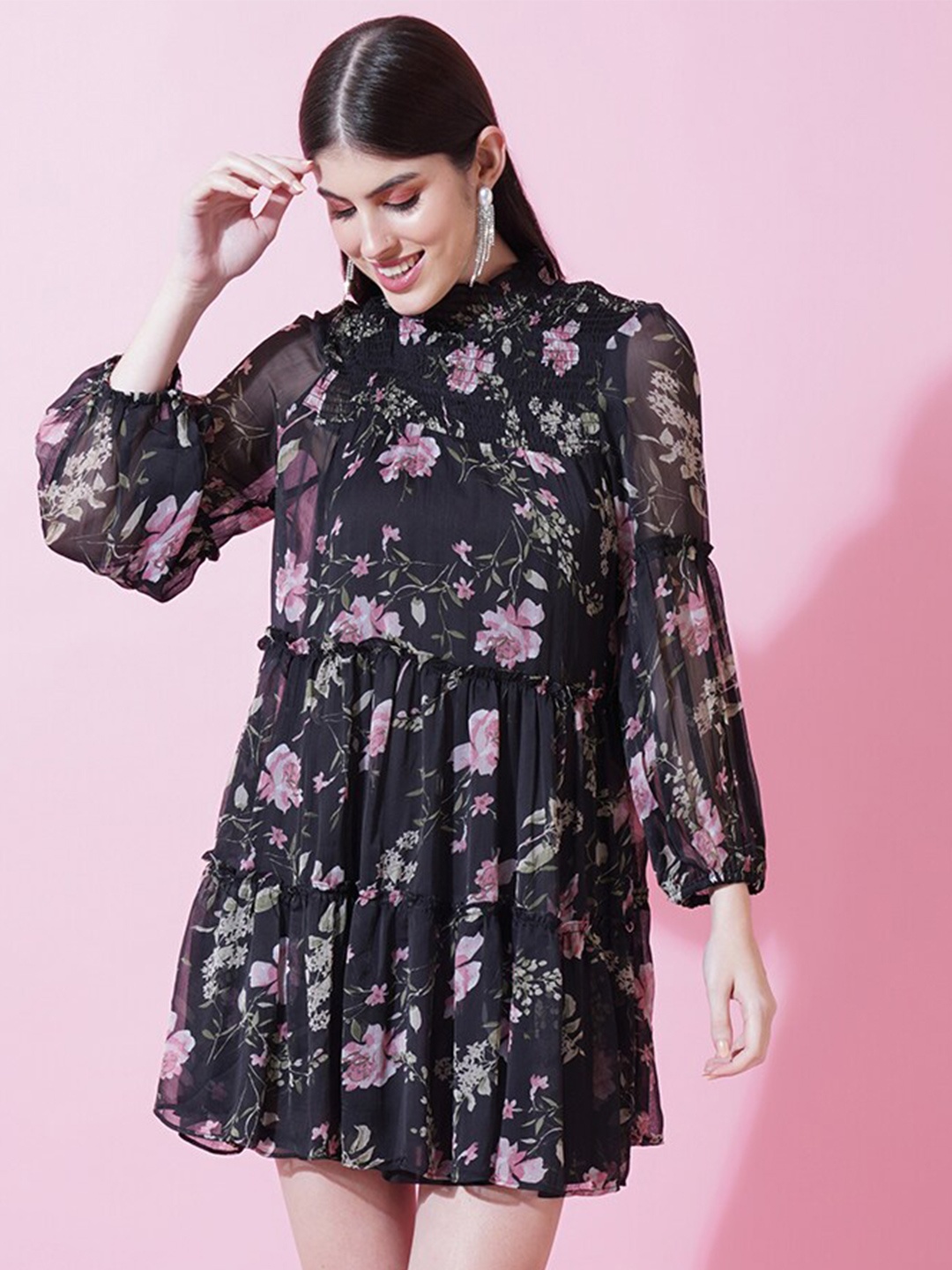 

IX IMPRESSION Floral Printed High Neck Tiered Fit & Flare Dress, Black
