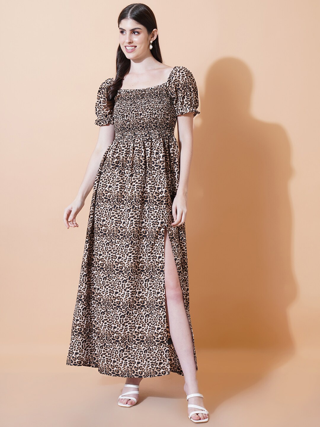 

IX IMPRESSION Animal Printed Smocked Maxi Dress, Brown