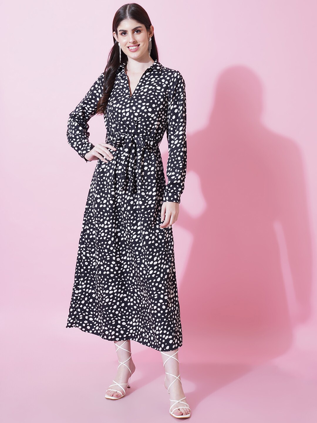 

IX IMPRESSION Animal Printed Shirt Collar Tie-Ups A-Line Midi Dress, Black