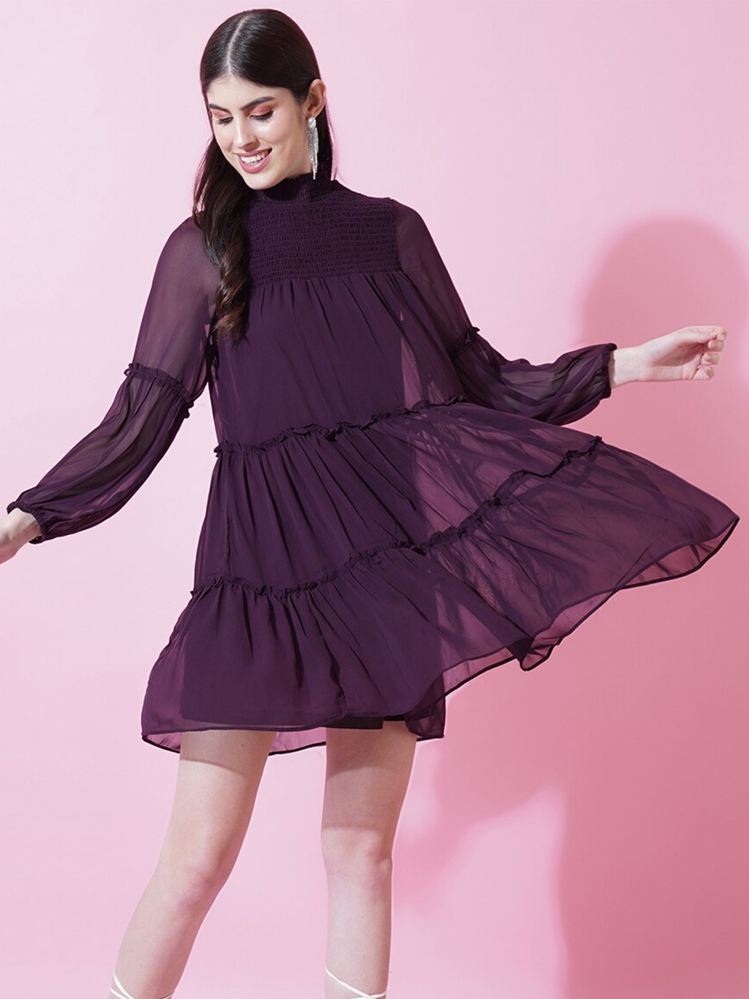 

IX IMPRESSION High Neck Tiered A-Line Dress, Burgundy