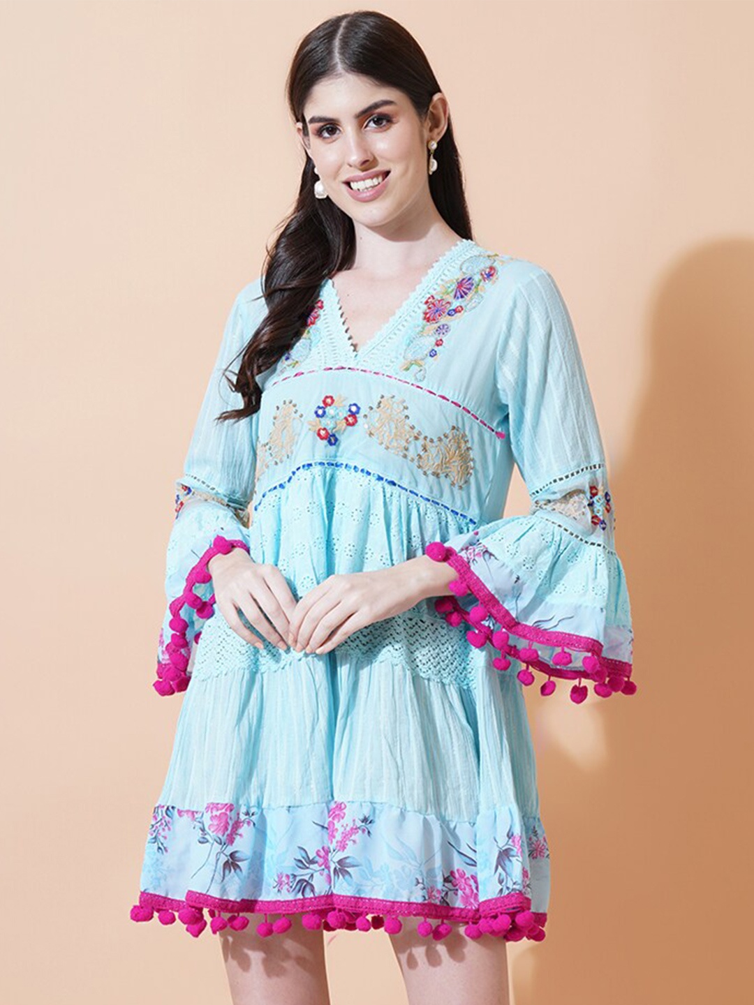 

IX IMPRESSION Floral Embroidered Bell Sleeves with Pom-Pom Detail Cotton Fit & Flare Dress, Turquoise blue