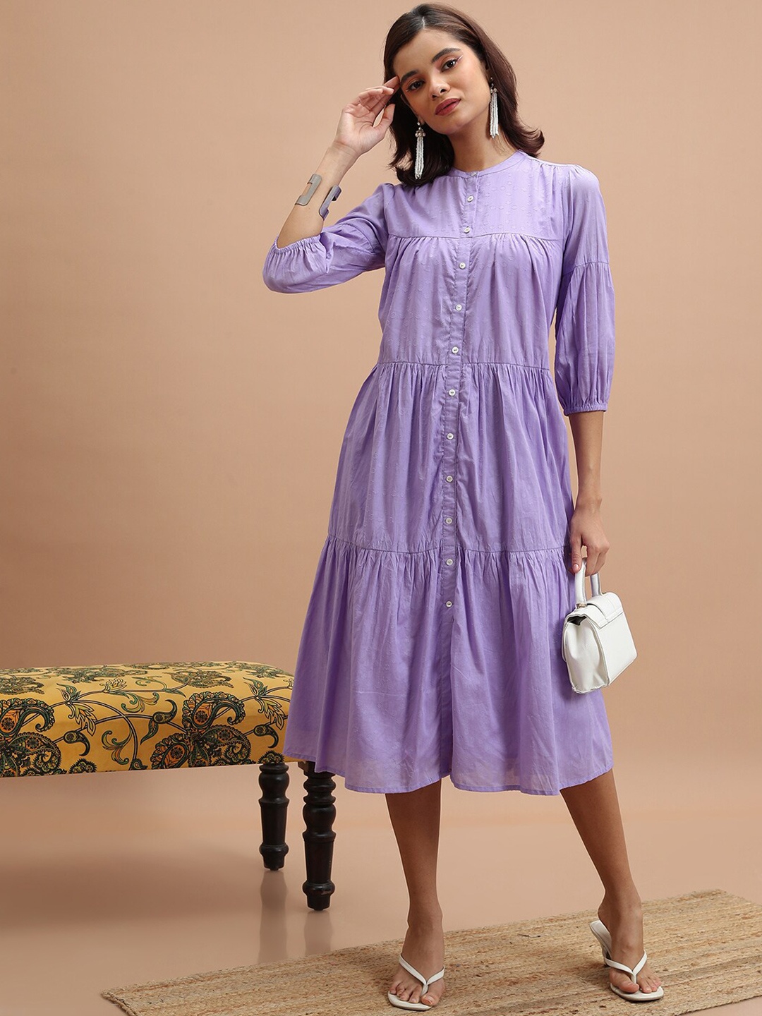 

Vishudh Puff Sleeve Cotton A-Line Midi Dress, Lavender