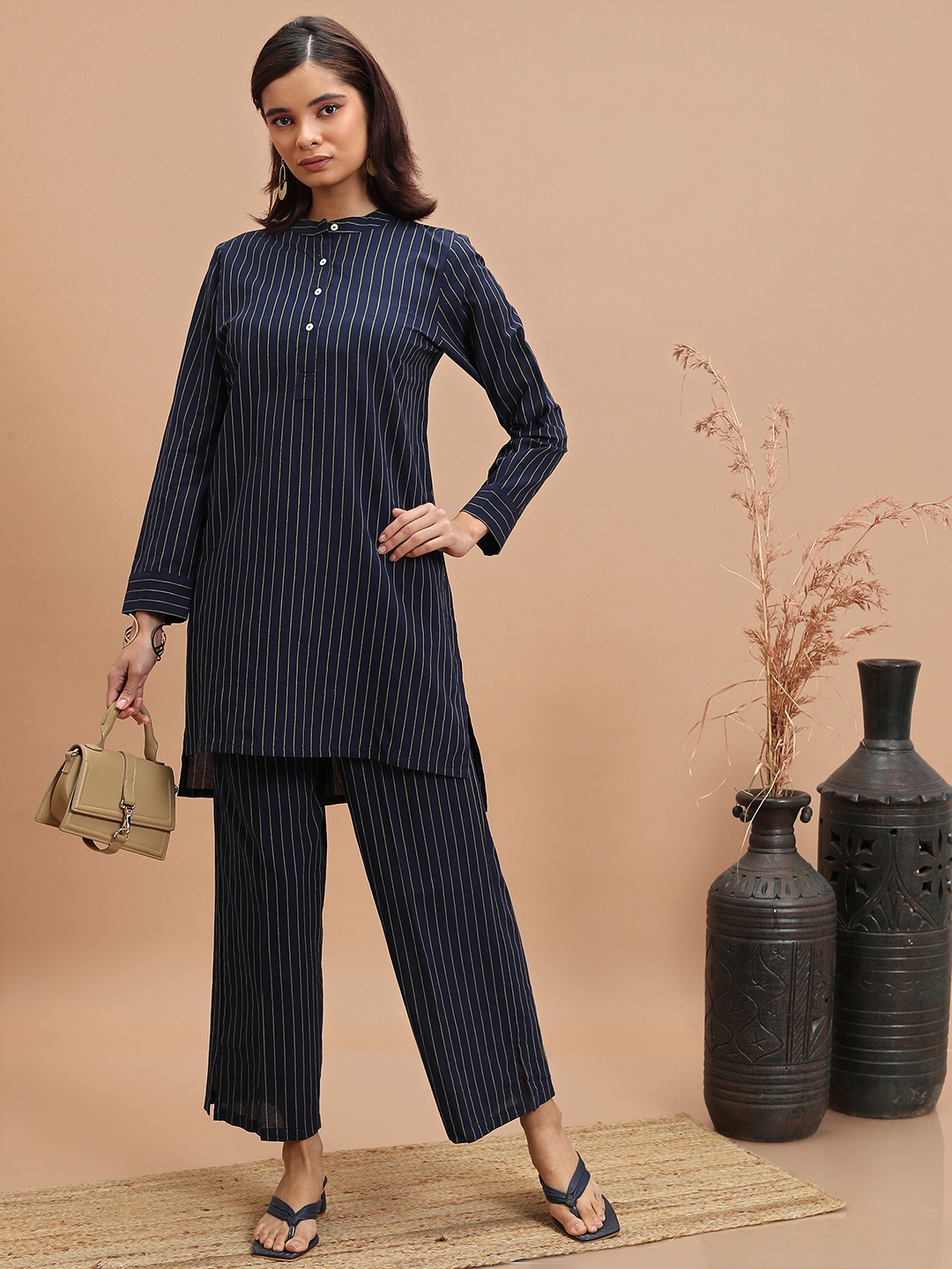 

Vishudh Striped Band Collar Pure Cotton Straight Kurta With Palazzos, Navy blue