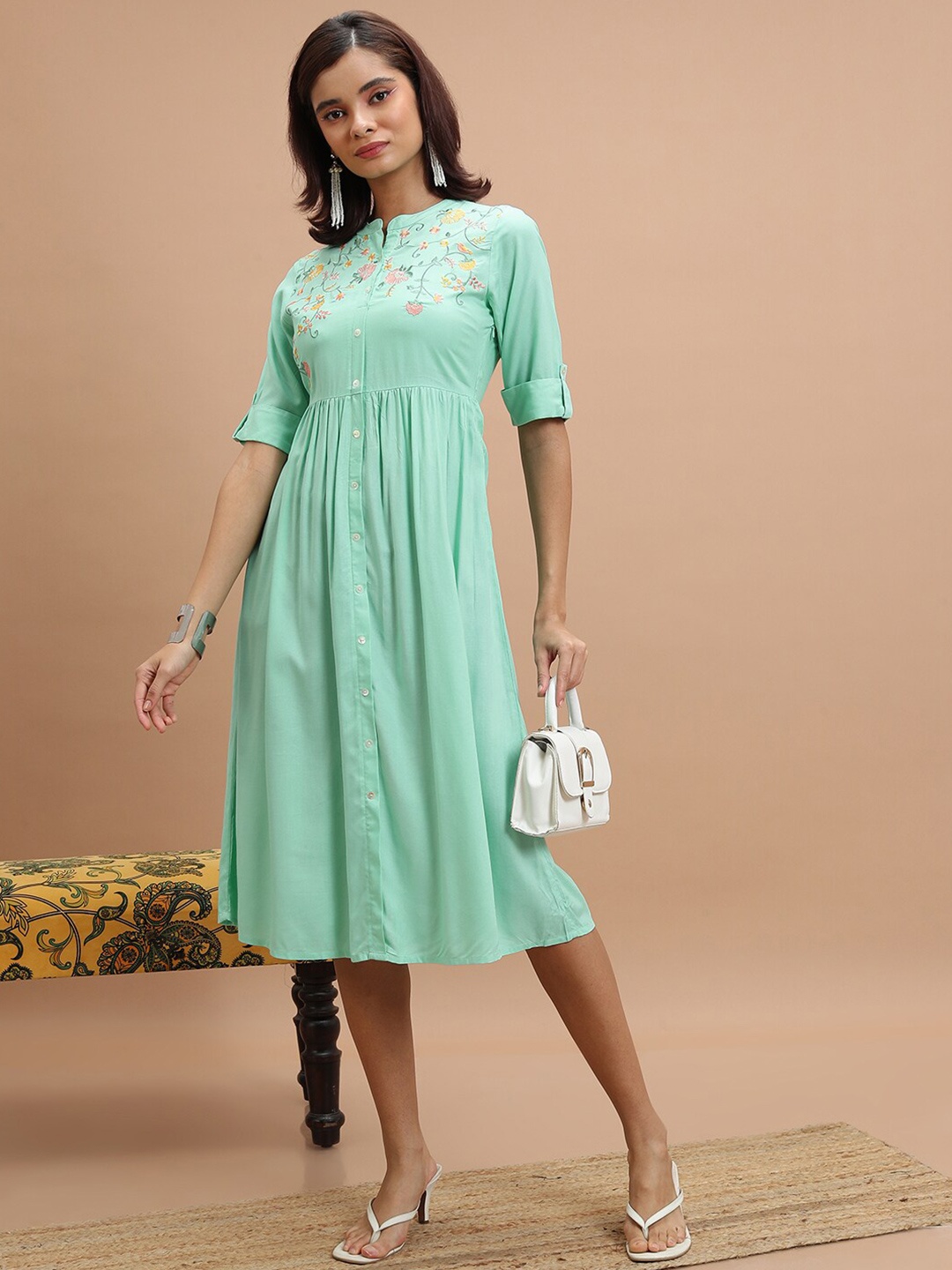 

Vishudh Turquoise Blue Floral Embroidered A-Line Midi Dress