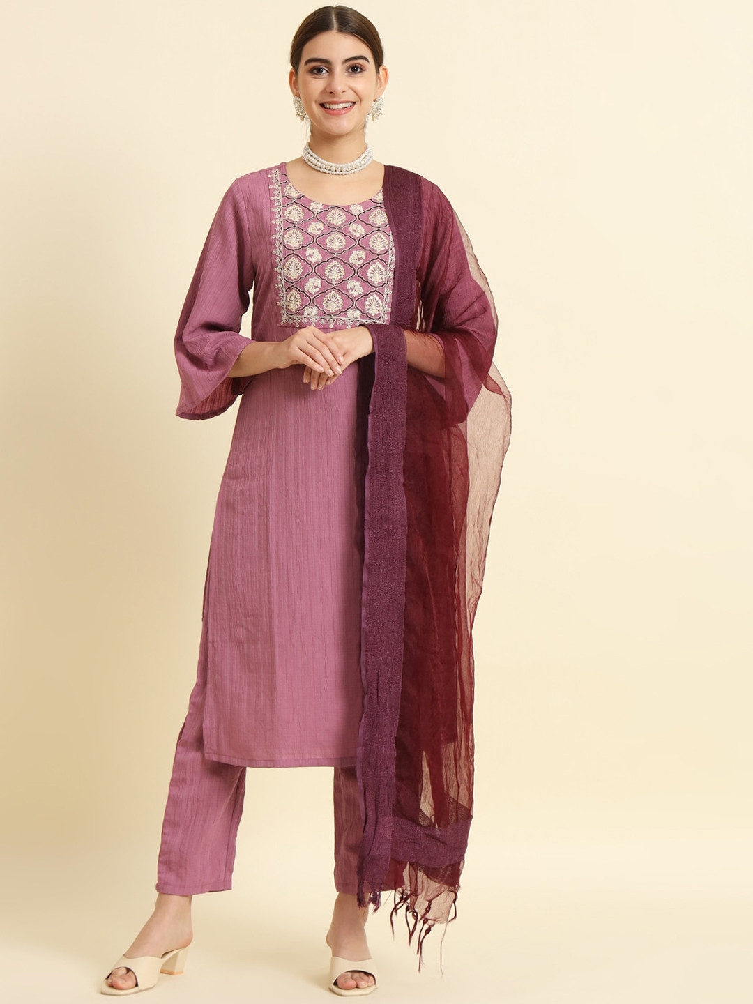 

THE52 Floral Yoke Design Regular Thread Work Kurta With Trousers & Dupatta, Purple