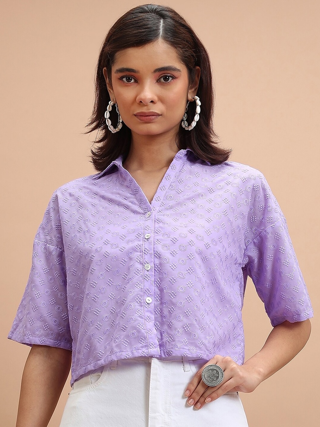 

Vishudh Self Design Crop Casual Shirt, Lavender