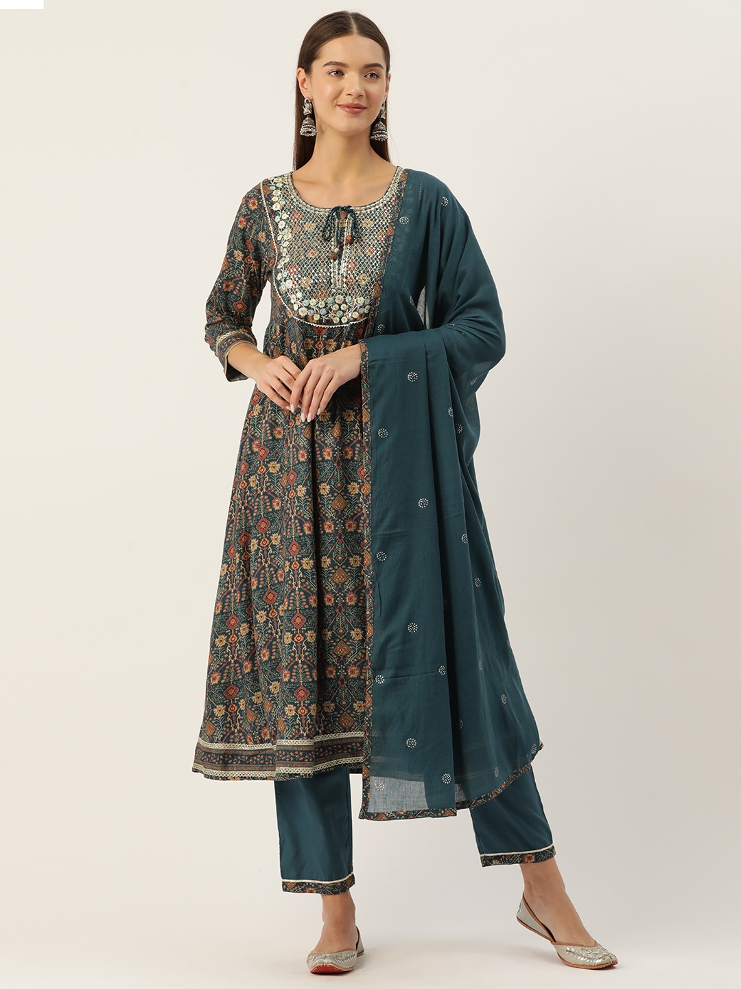 

Rue Collection Ethnic Motifs Printed Pleated Sequinned Kurta with Trousers & Dupatta, Blue