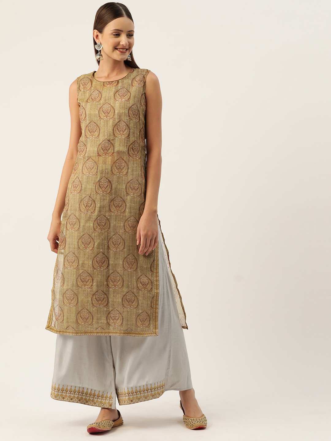 

Rue Collection Ethnic Motifs Printed Regular Chanderi Cotton Kurta with Palazzos, Beige