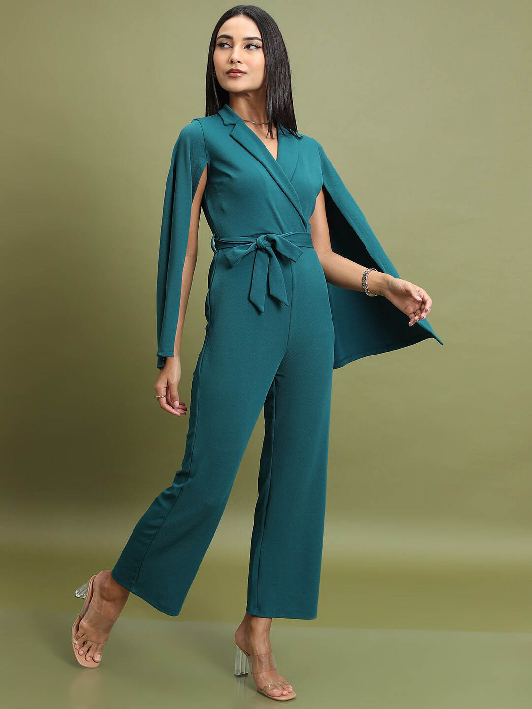

Tokyo Talkies Slit Sleeves Basic Jumpsuit With Belt, Teal