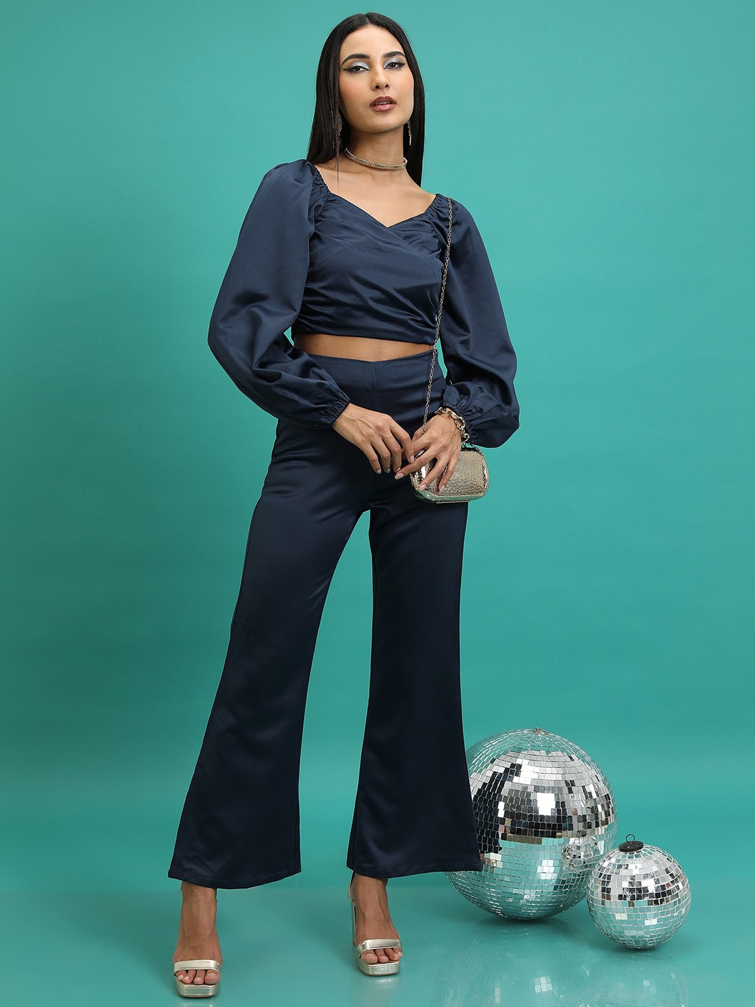 

Tokyo Talkies Crop Top With Straight Pant Co-Ords, Navy blue