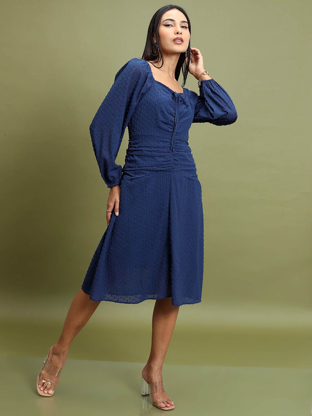 

Tokyo Talkies Navy Blue Self Design Sweetheart Neck A-Line Dress