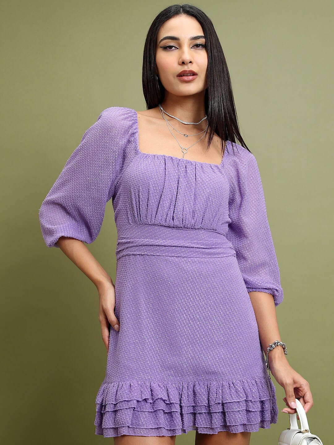 

Tokyo Talkies Purple Self Design Square Neck Mini Sheath Dress