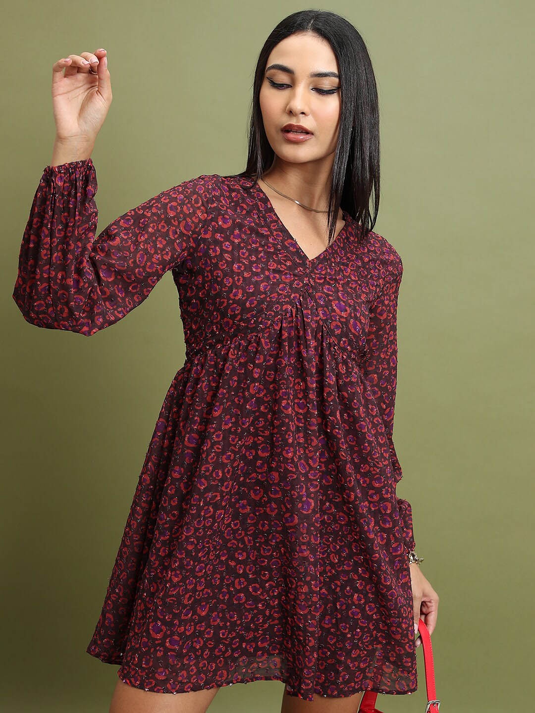 

Tokyo Talkies Floral Print Puff Sleeve Gathered Fit & Flare Dress, Maroon