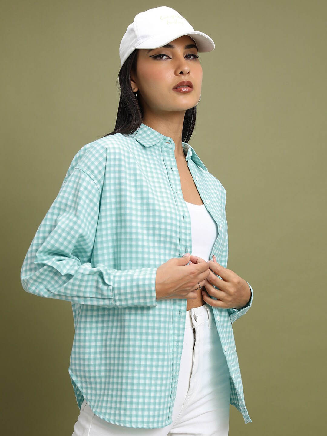 

Tokyo Talkies Gingham Checked Opaque Oversized Casual Shirt, Teal