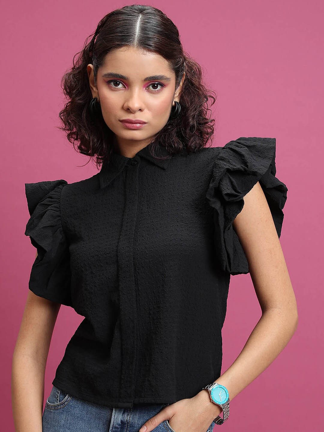 

Tokyo Talkies Black Shirt Collar Flutter Sleeves Shirt Style Top