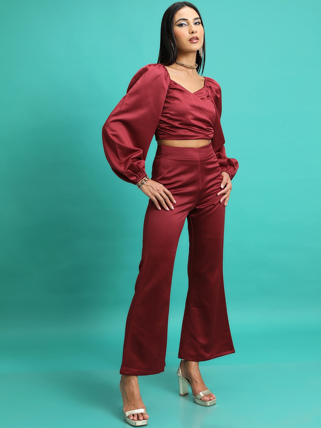 

Tokyo Talkies Crop Top & Straight Fit Trousers, Maroon