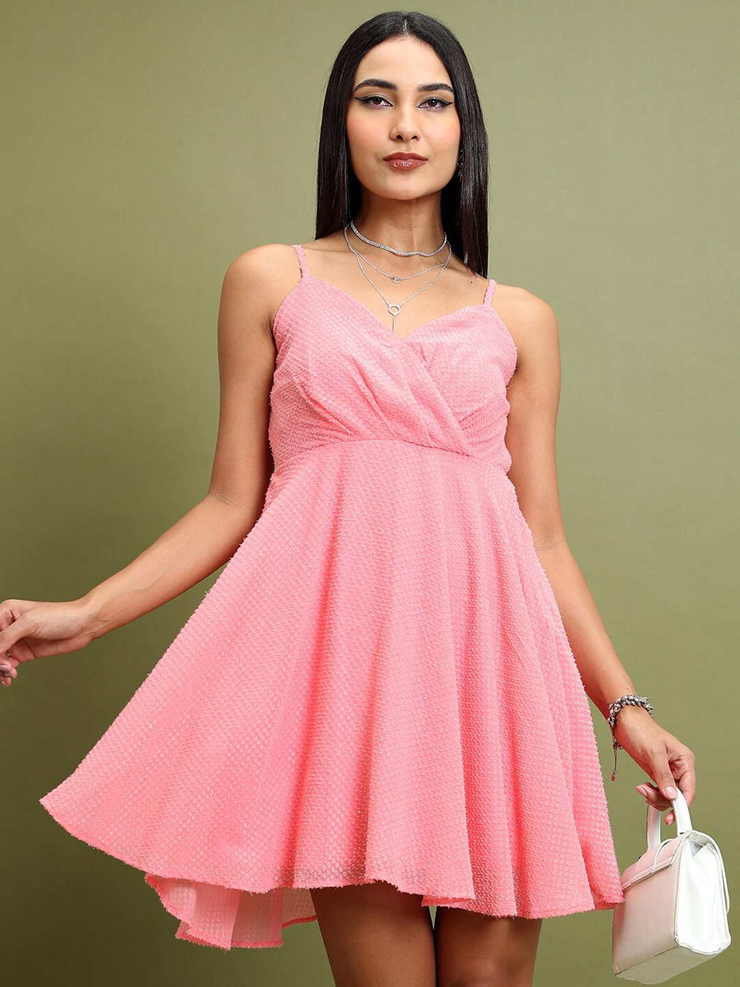 

Tokyo Talkies Pink Self Designed Shoulder Straps Fit & Flare Dress