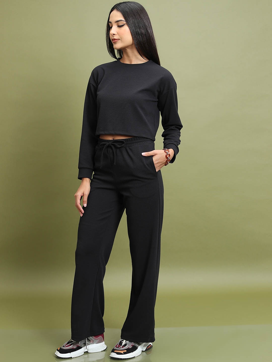 

Tokyo Talkies Black Round Neck Crop Top & Trousers