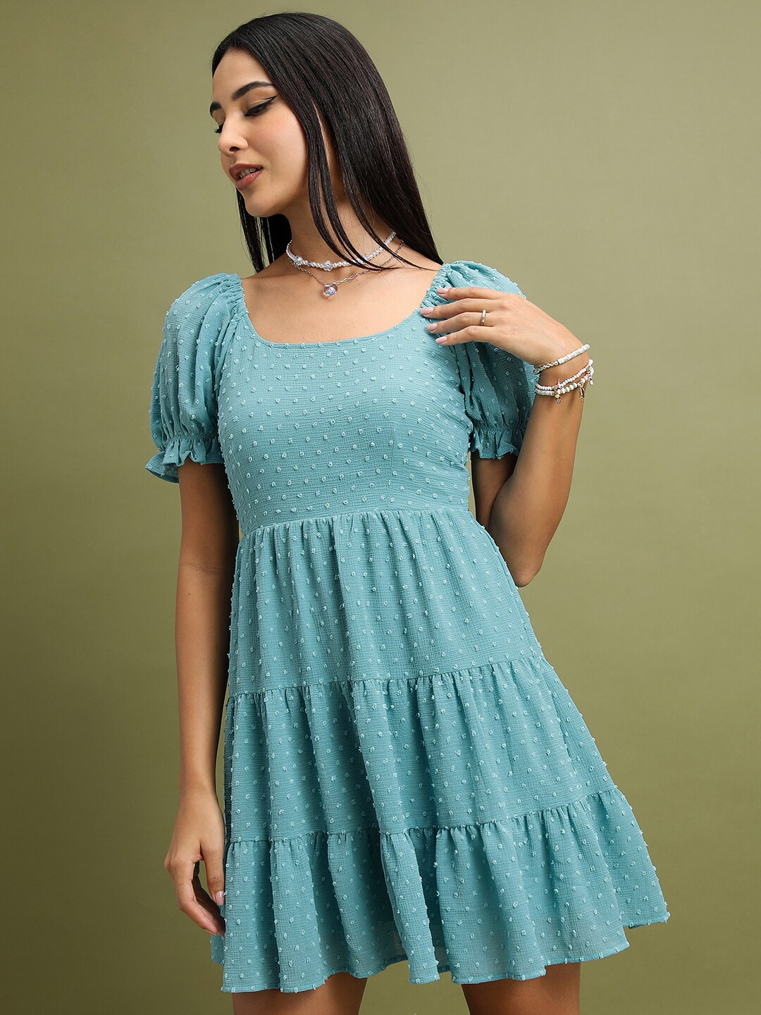 

Tokyo Talkies Sea Green Self Design Puff Sleeve Fit & Flare Dress