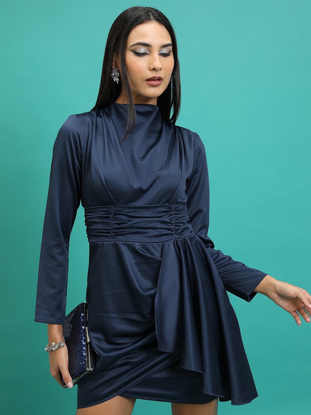 

Tokyo Talkies Navy Blue High Neck Gathered Or Pleated Detail Sheath Mini Dress