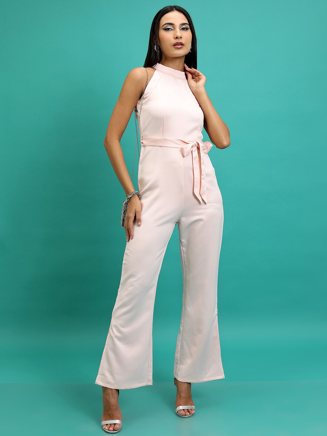 

Tokyo Talkies Round Neck Basic Jumpsuit With Belt, Pink