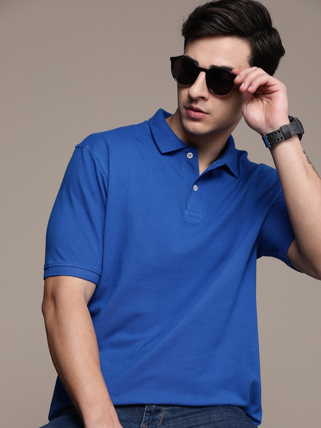 

Roadster Men Men Polo Collar Pure Cotton T-shirt, Blue