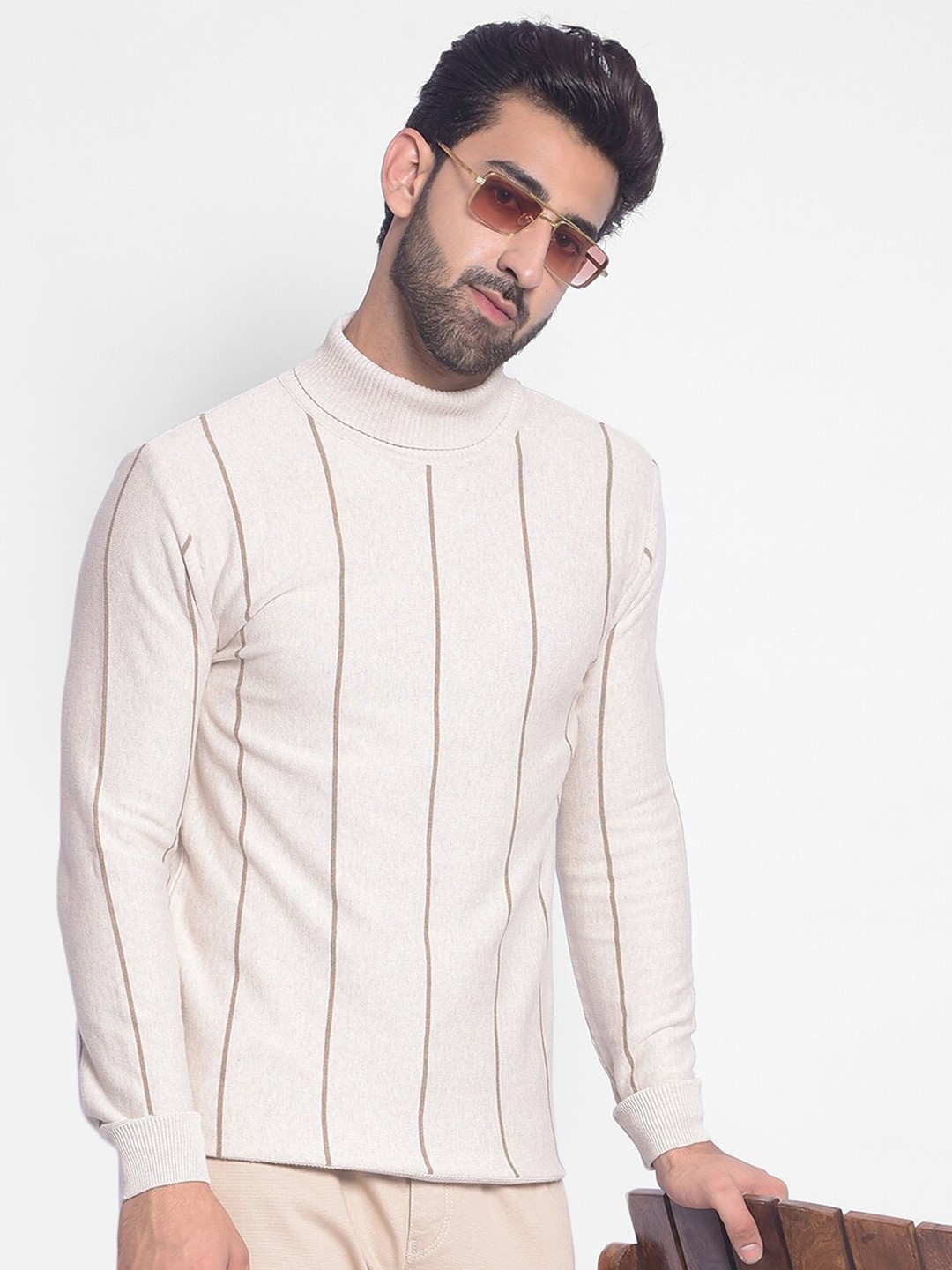 

Crimsoune Club Striped Turtle Neck Pure Cotton Pullover, Beige