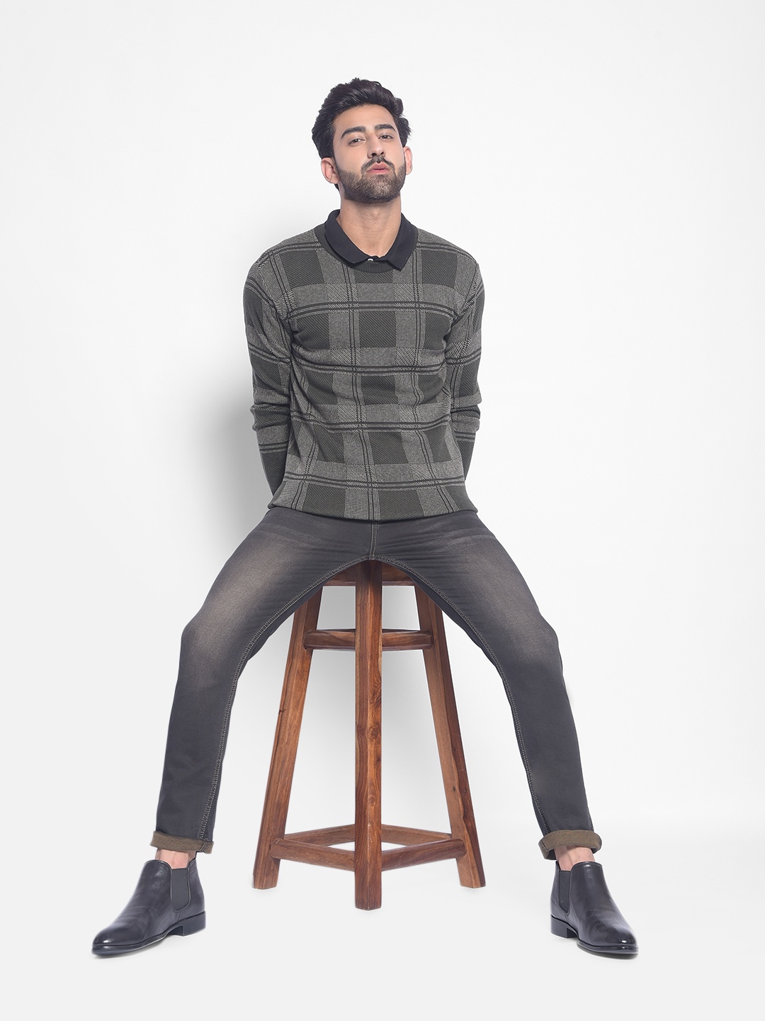 

Crimsoune Club Checked Pullover Pure Cotton Sweater, Grey