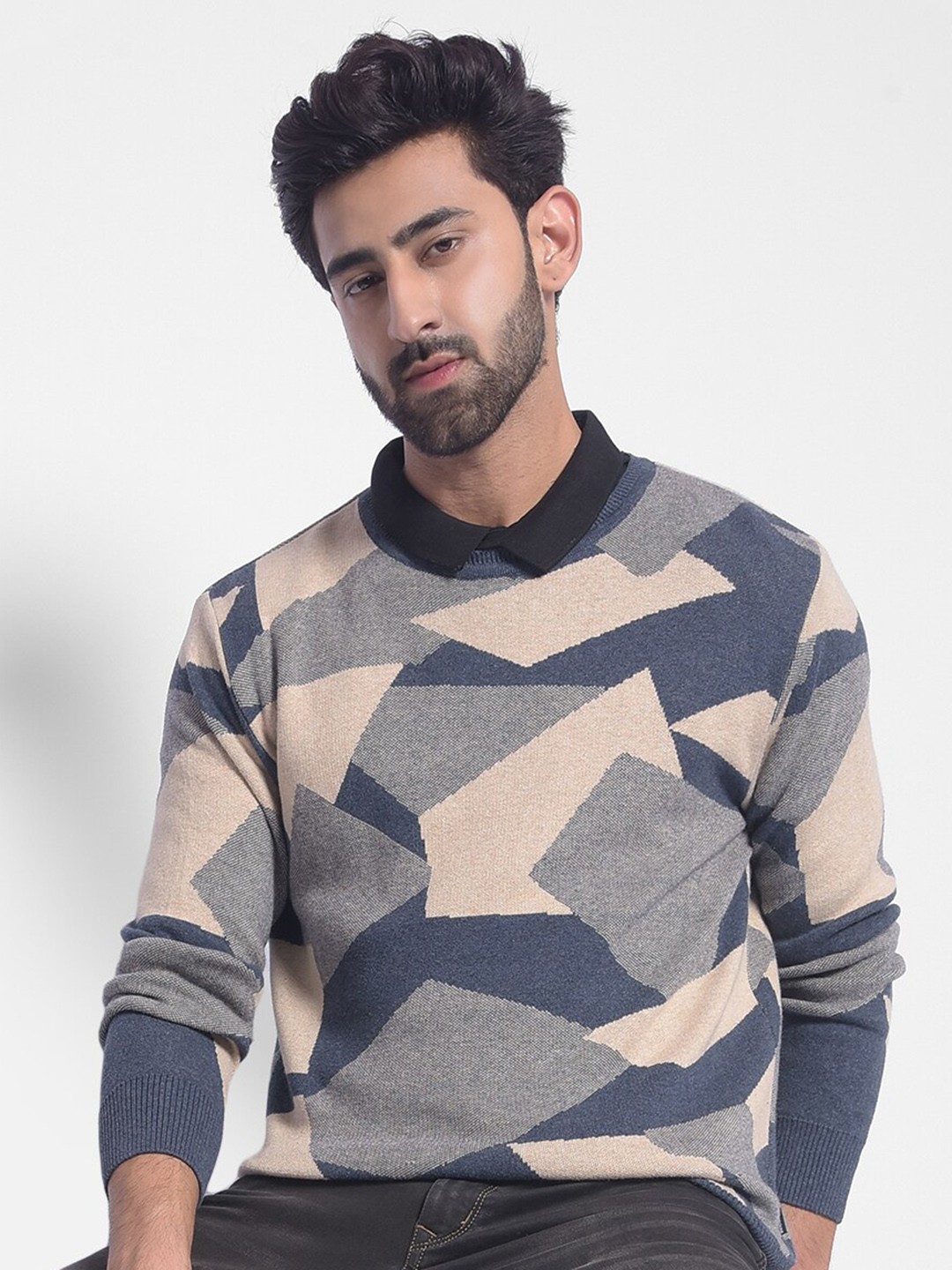 

Crimsoune Club Geometric Self Design Pure Cotton Pullover, Beige