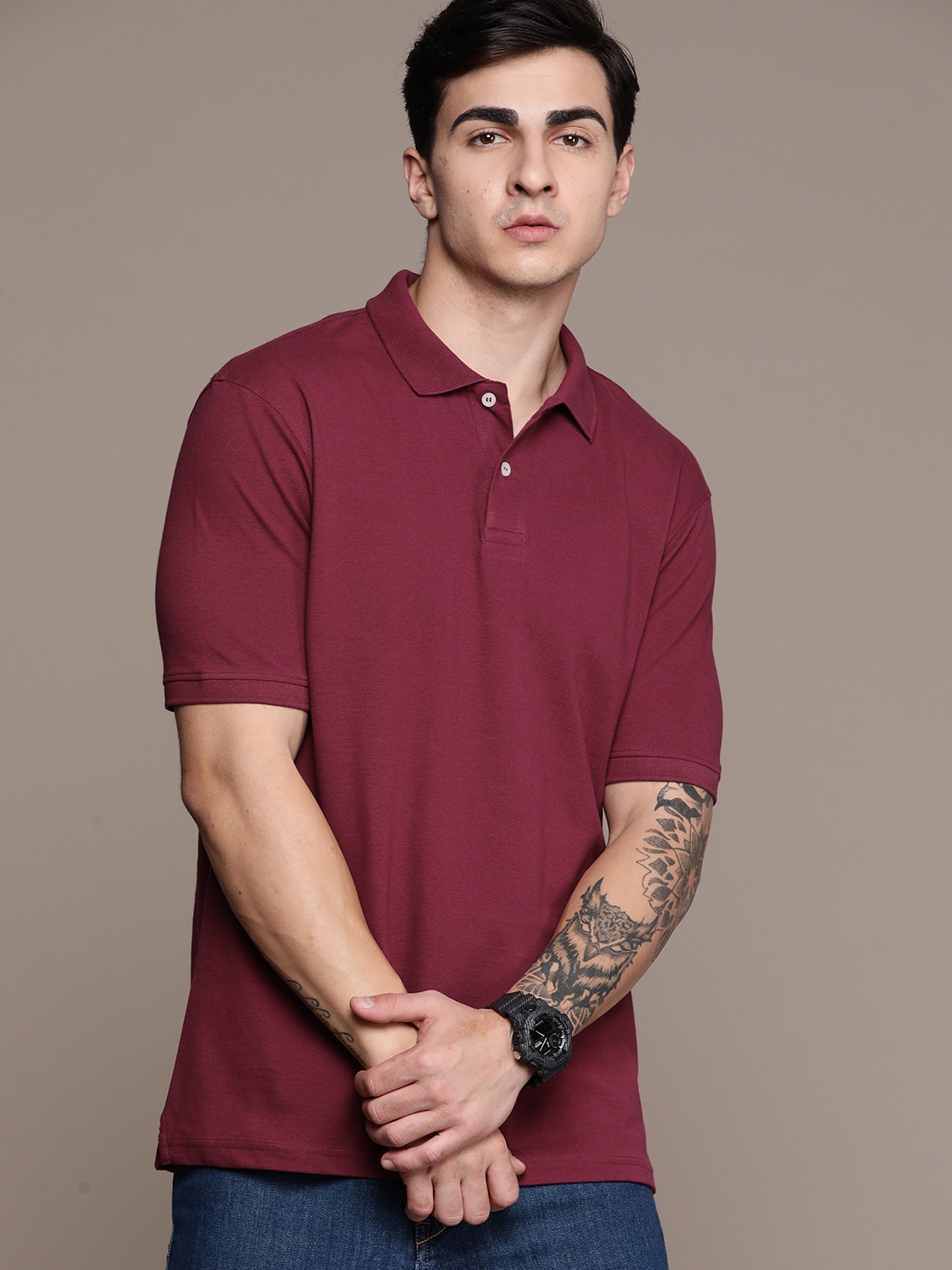 

Roadster Men Men Polo Collar Pure Cotton T-shirt, Maroon