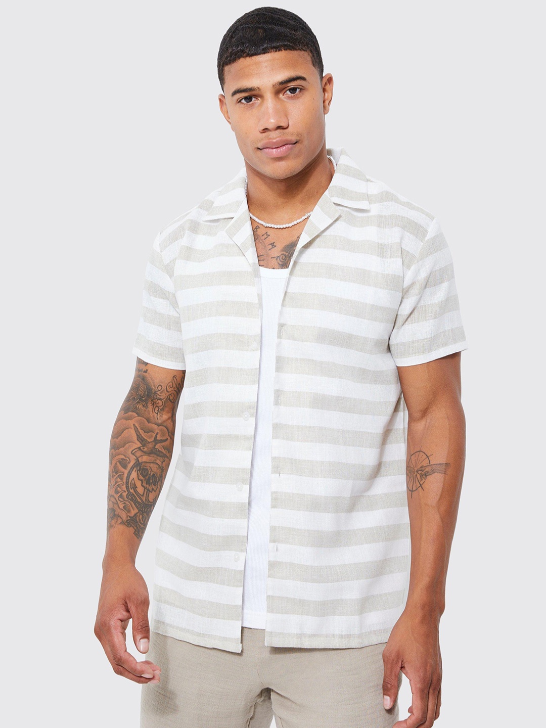 

boohooMAN Cotton Opaque Striped Casual Shirt, White