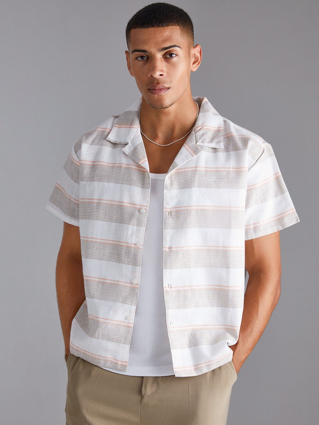 

boohooMAN Striped Cotton Boxy Shirt, Off white