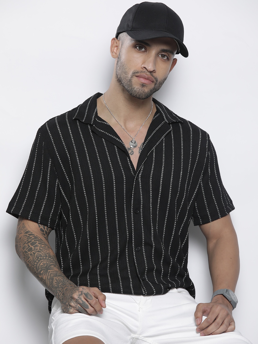 

boohooMAN Striped Bowler Shirt, Black