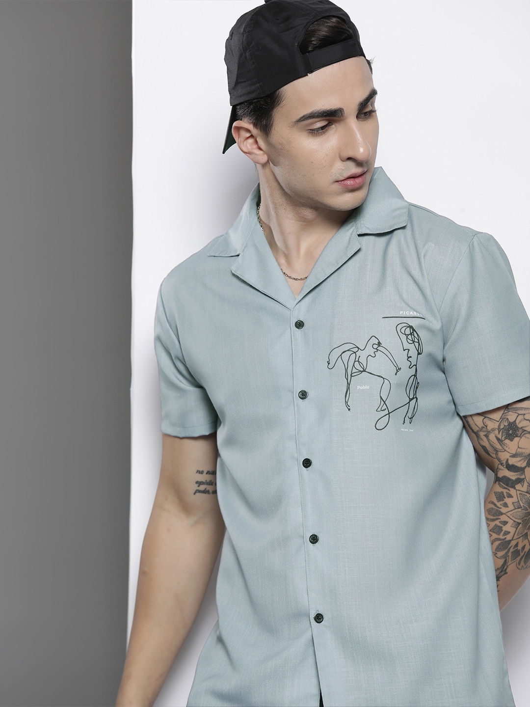 

boohooMAN Printed Revere Shirt, Grey