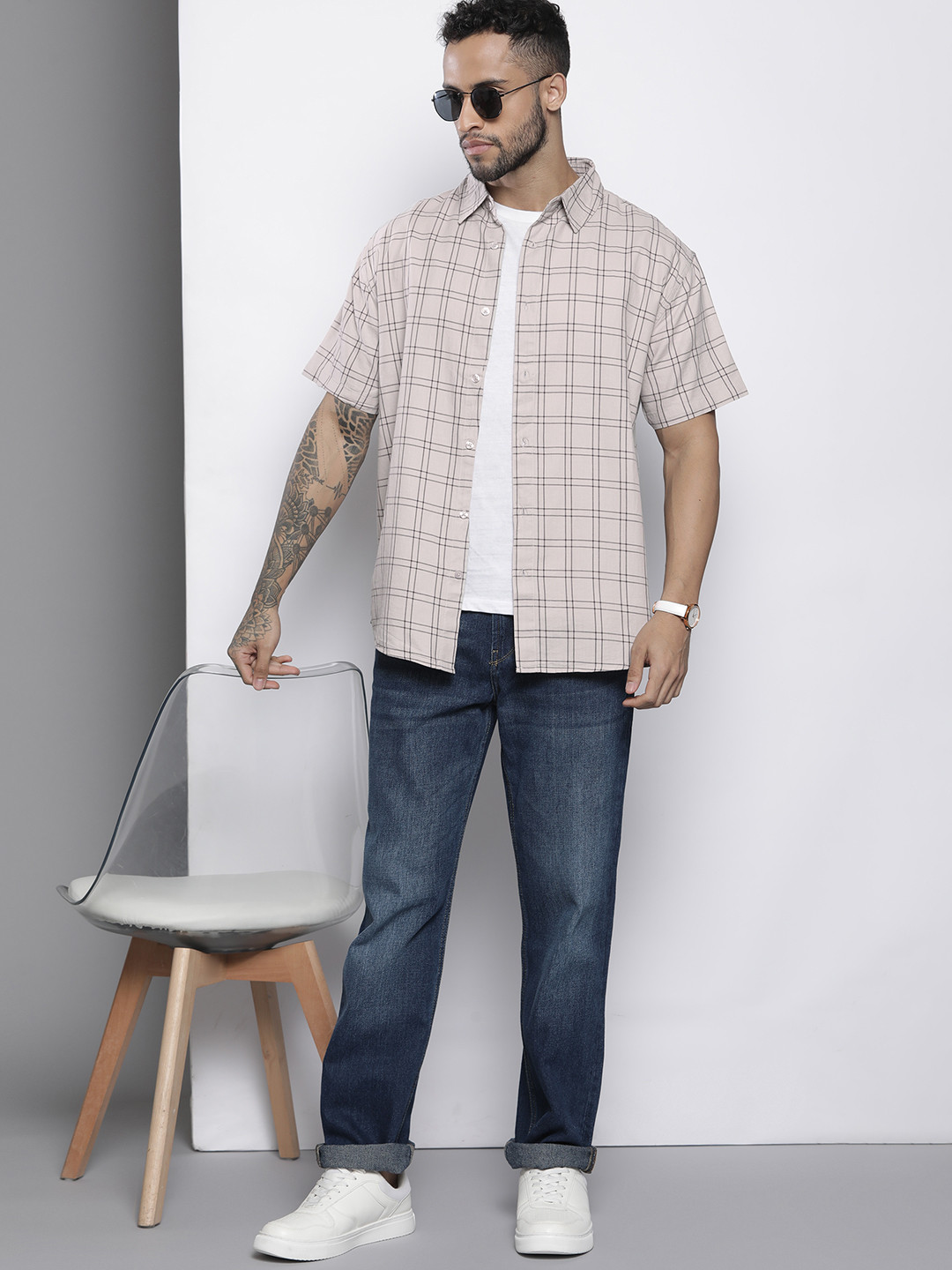 

boohooMAN Windowpane Checked Oversized Lightweight Casual Shirt, Grey