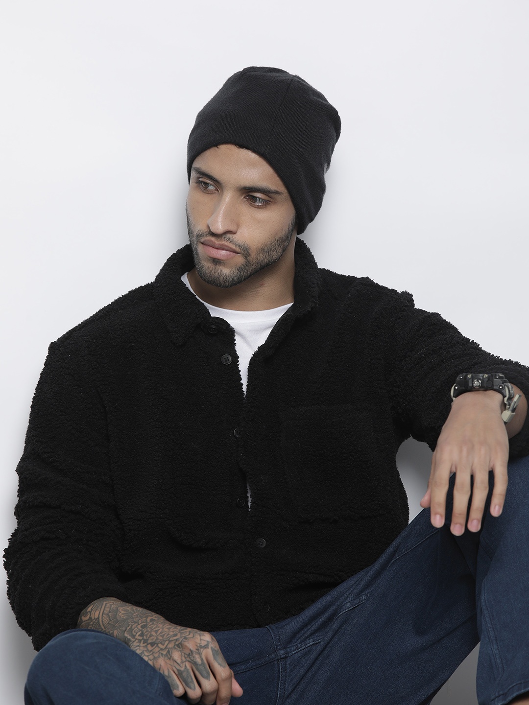 

boohooMAN Sherpa Casual Overshirt, Black