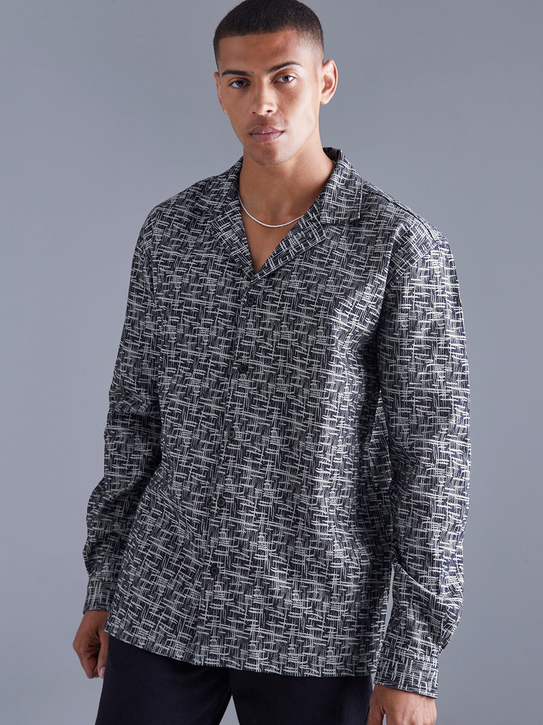 

boohooMAN Denim Look Textured Oversized Shirt, Blue