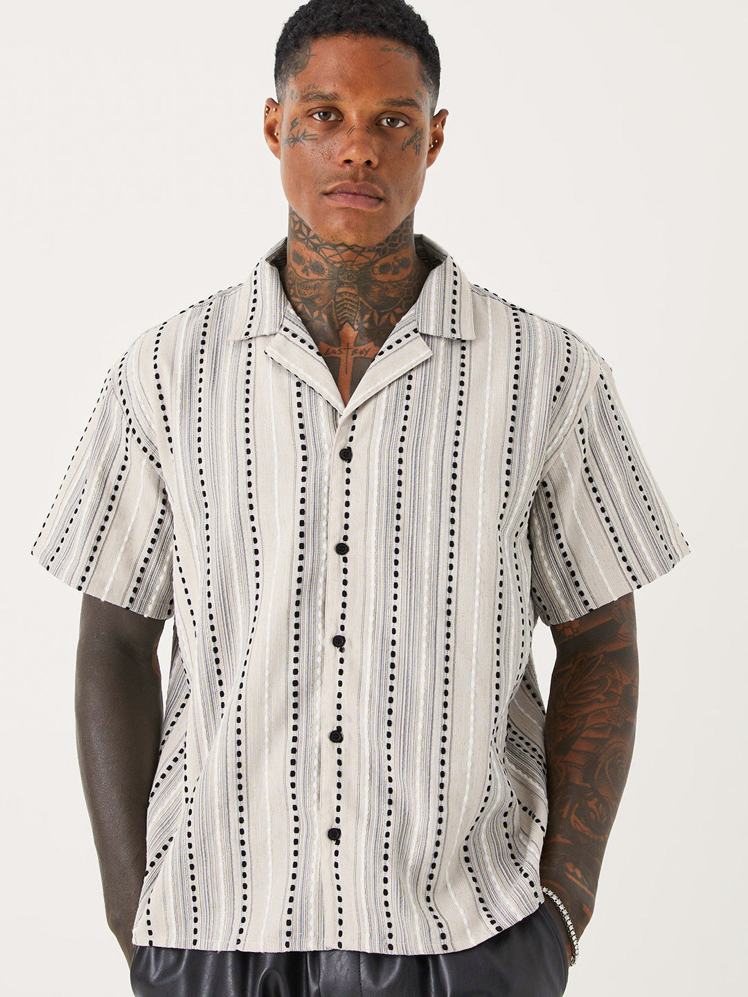 

boohooMAN Striped Boxy Casual Shirt, Beige