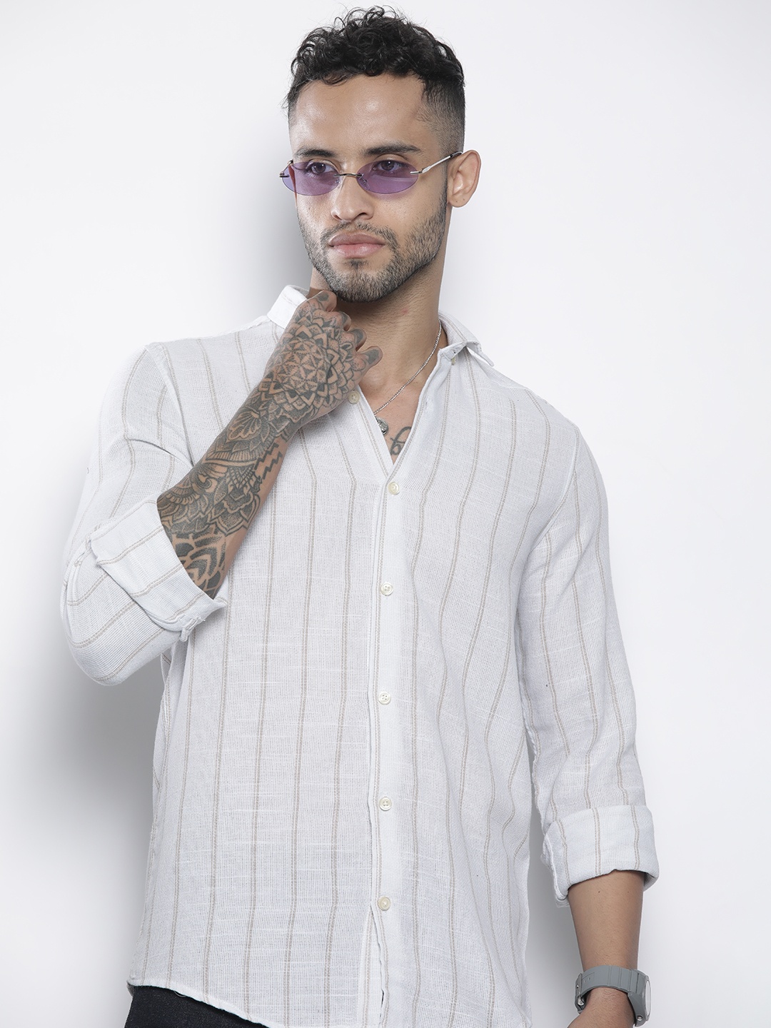 

boohooMAN Pinstripe Casual Shirt, Off white