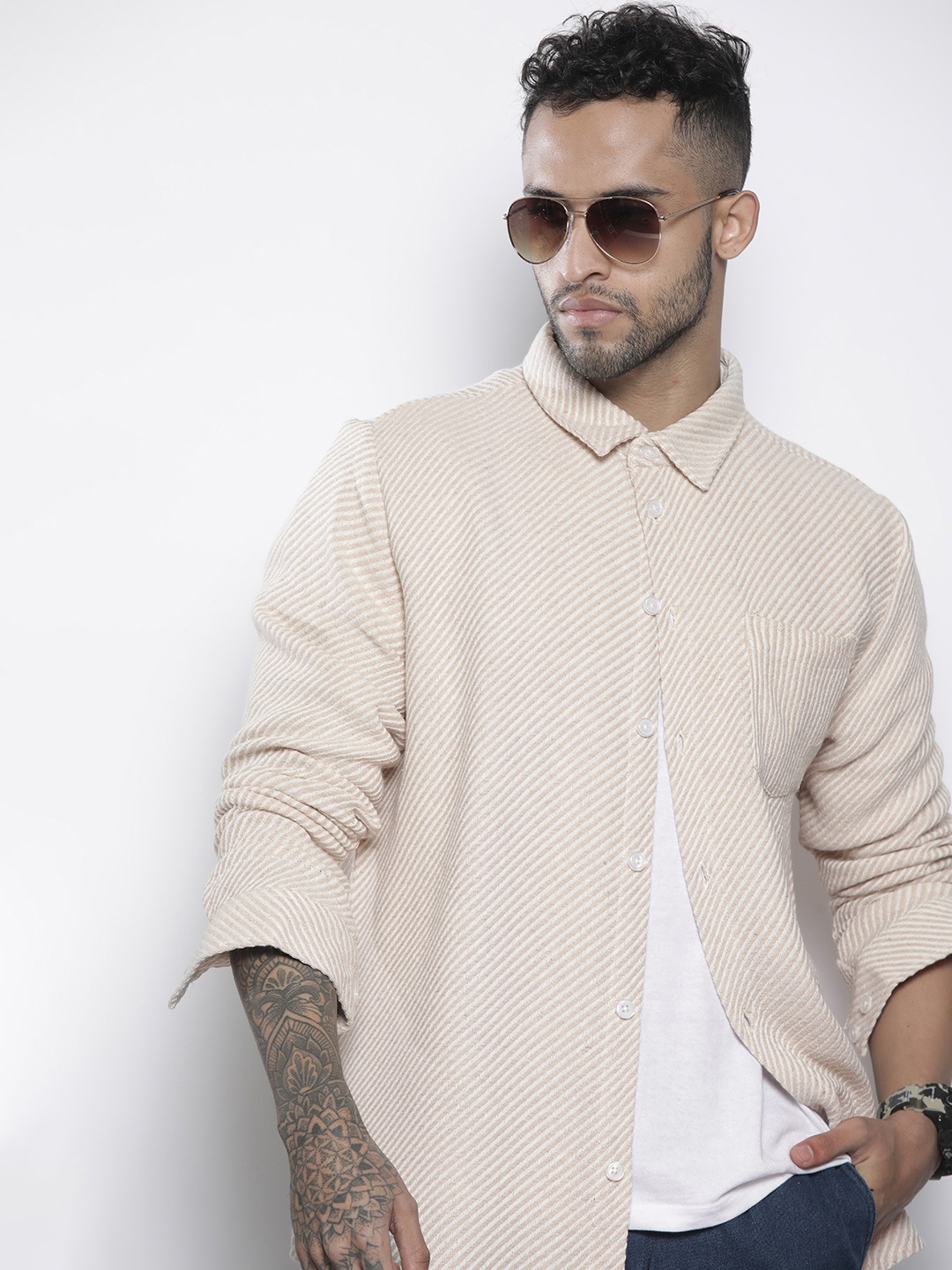 

boohooMAN Striped Herringbone Shacket, Beige