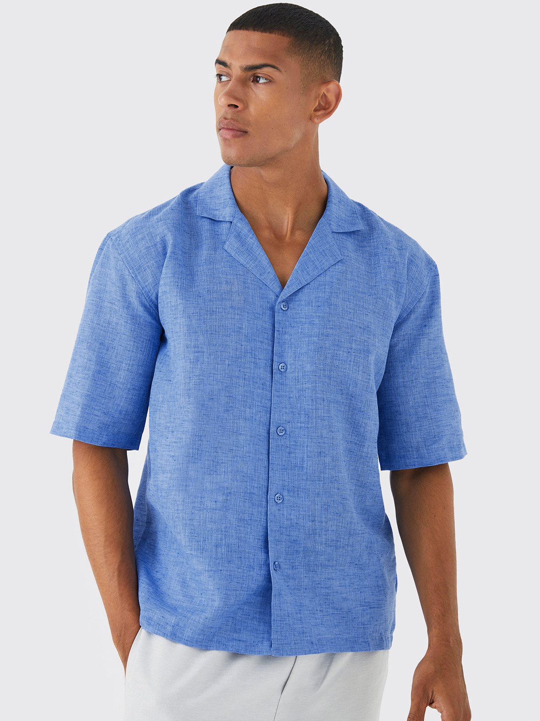 

boohooMAN Slub Effect Casual Shirt, Blue